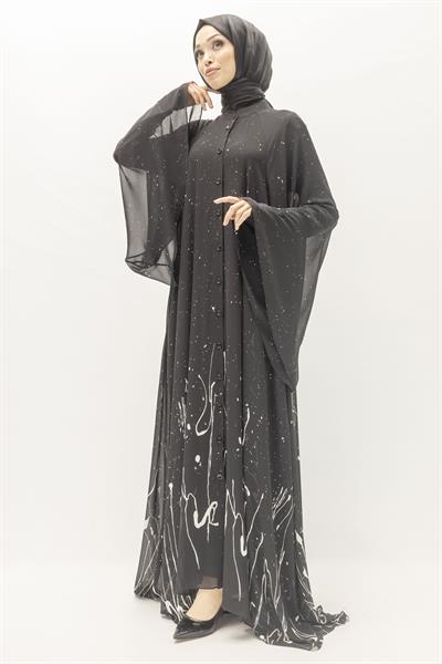 Siyah Beyaz Desenli Büyük Beden Şifon Elbise – Ottoman Wear Siyah OTW411