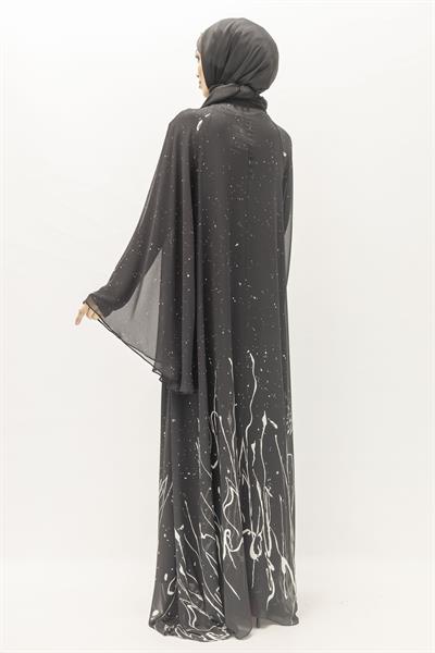 Siyah Beyaz Desenli Büyük Beden Şifon Elbise – Ottoman Wear Siyah OTW411