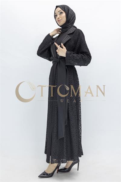 Siyah Büyük Beden Kuşaklı Dantel  Abaya Siyah OTW42926