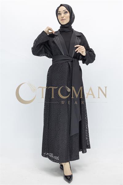 Siyah Büyük Beden Kuşaklı Dantel  Abaya Siyah OTW42926