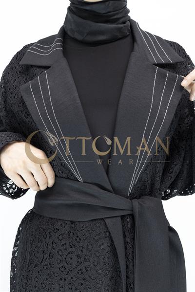 Siyah Büyük Beden Kuşaklı Dantel  Abaya Siyah OTW42926