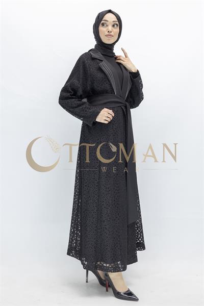 Siyah Büyük Beden Kuşaklı Dantel  Abaya Siyah OTW42926