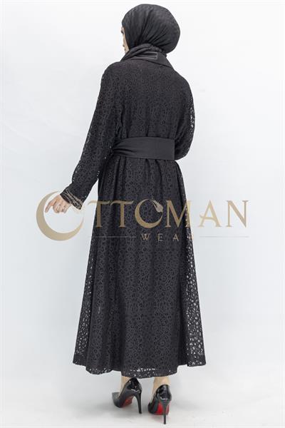 Siyah Büyük Beden Kuşaklı Dantel  Abaya Siyah OTW42926