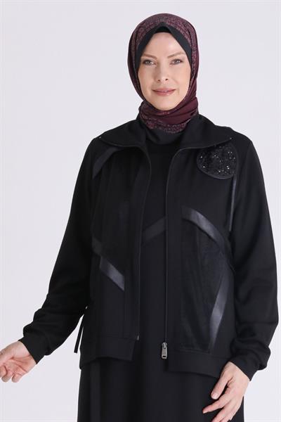 Siyah Deri Şerit ve Pul Detaylı Tesettür İkili Takım Siyah OTW40013
