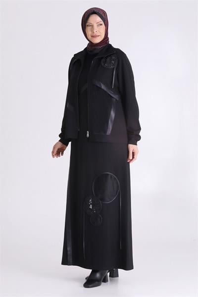 Siyah Deri Şerit ve Pul Detaylı Tesettür İkili Takım Siyah OTW40013
