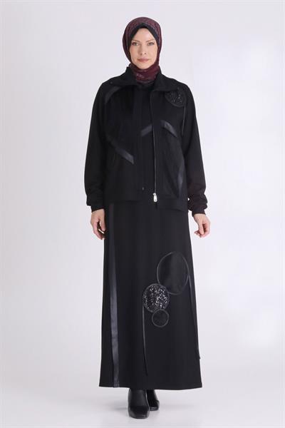 Siyah Deri Şerit ve Pul Detaylı Tesettür İkili Takım Siyah OTW40013