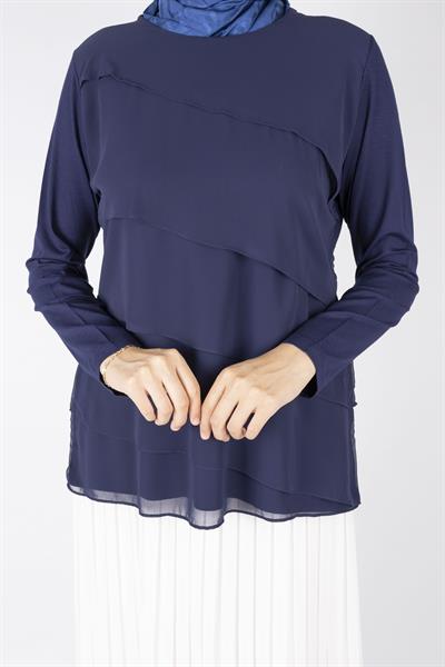 Siyah Kat Kat Şifon Tunik Lacivert OTW573