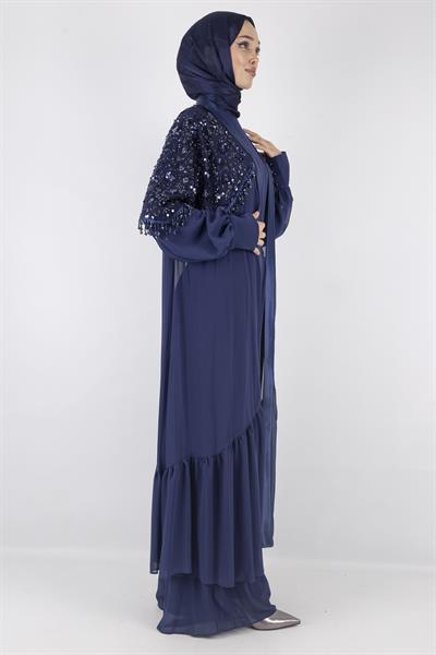 Siyah Payet Detaylı Şifon Abiye Üçlü Takım Lacivert OTW42904