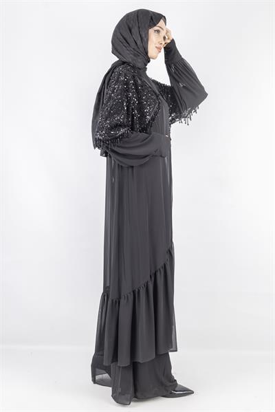 Siyah Payet Detaylı Şifon Abiye Üçlü Takım Siyah OTW42904