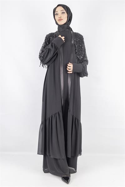Siyah Payet Detaylı Şifon Abiye Üçlü Takım Siyah OTW42904