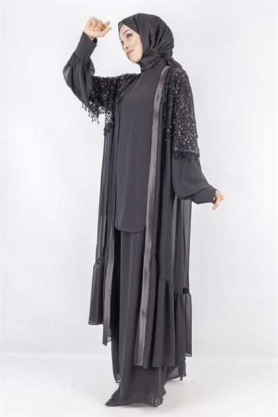 Siyah Payet Detaylı Şifon Abiye Üçlü Takım Siyah OTW42904