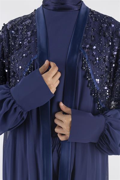 Siyah Payet Detaylı Şifon Abiye Üçlü Takım Lacivert OTW42904
