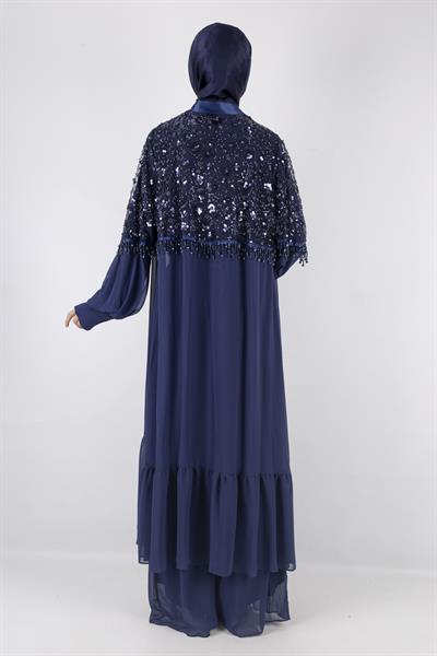 Siyah Payet Detaylı Şifon Abiye Üçlü Takım Lacivert OTW42904
