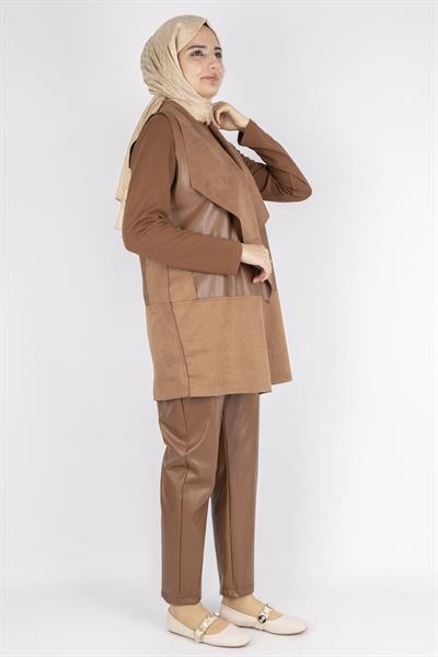 Süet ve Deri Kombinli Şık Pant Takım Kahve OTW1081