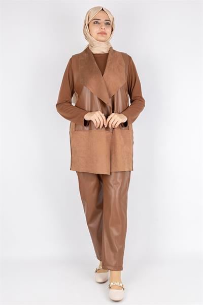 Süet ve Deri Kombinli Şık Pant Takım Kahve OTW1081
