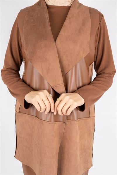 Süet ve Deri Kombinli Şık Pant Takım Kahve OTW1081