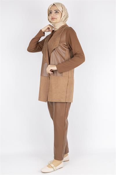 Süet ve Deri Kombinli Şık Pant Takım Kahve OTW1081