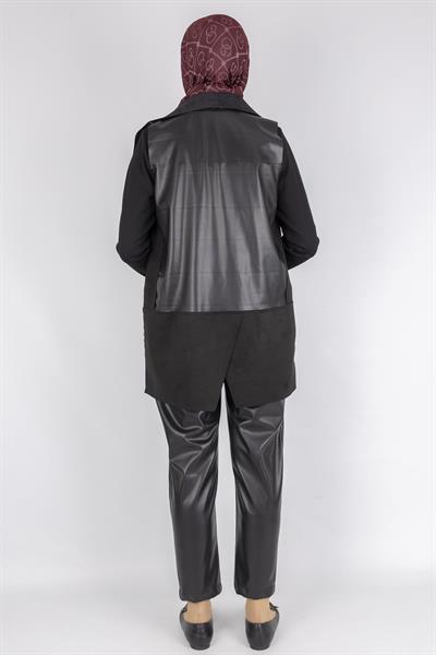 Süet ve Deri Kombinli Şık Pant Takım Siyah OTW1081