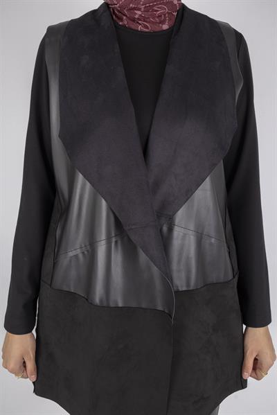 Süet ve Deri Kombinli Şık Pant Takım Siyah OTW1081