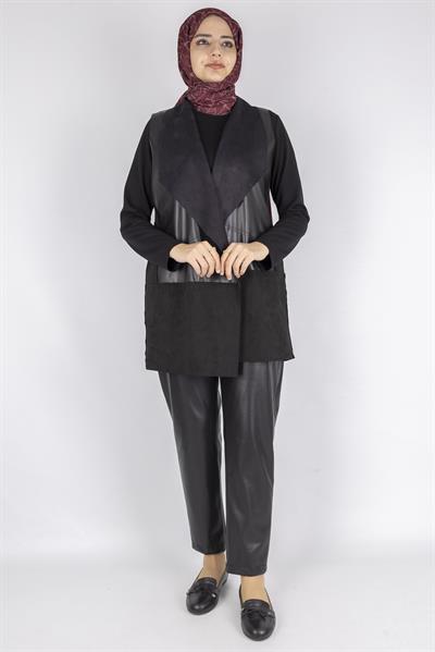 Süet ve Deri Kombinli Şık Pant Takım Siyah OTW1081