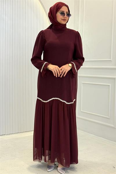 Taş Biyeli Şifon Pileli Janjan Abiye Elbise Bordo OTW4858