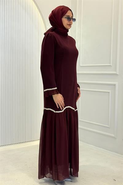 Taş Biyeli Şifon Pileli Janjan Abiye Elbise Bordo OTW4858