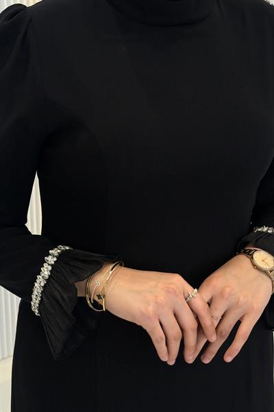 Taş Biyeli Şifon Pileli Janjan Abiye Elbise Siyah OTW4858