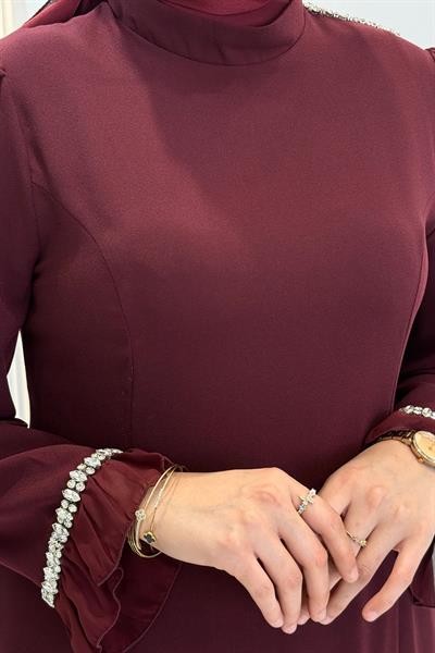 Taş Biyeli Şifon Pileli Janjan Abiye Elbise Bordo OTW4858