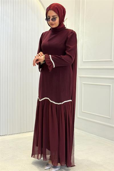 Taş Biyeli Şifon Pileli Janjan Abiye Elbise Bordo OTW4858