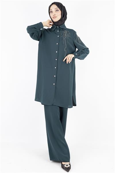 Taş Detaylı Büyük Beden Pantolonlu Takım Yeşil OTW323