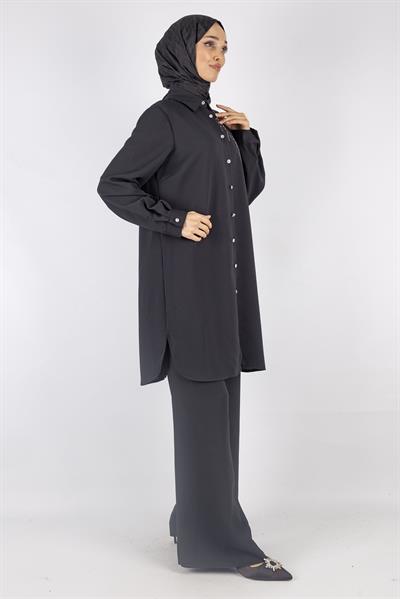 Taş Detaylı Büyük Beden Pantolonlu Takım Siyah OTW323