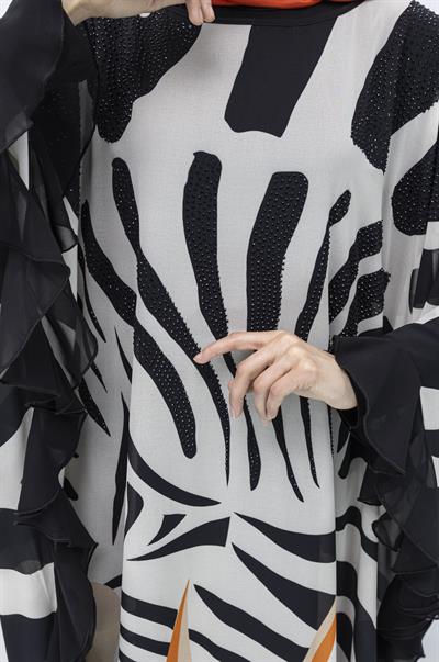 Taş Detaylı Büyük Beden Şifon Yarasa Elbise Oranj OTW158