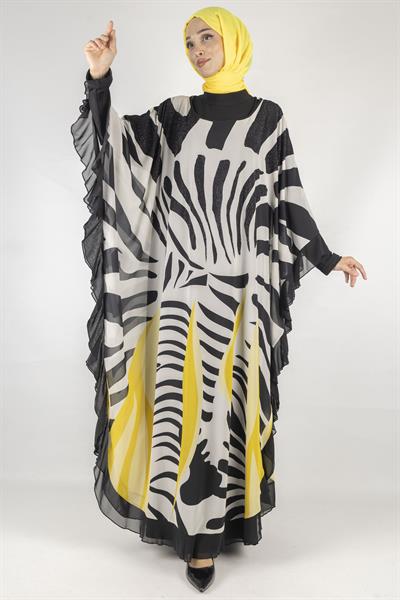 Taş Detaylı Büyük Beden Şifon Yarasa Elbise Sarı OTW158