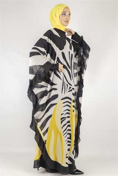 Taş Detaylı Büyük Beden Şifon Yarasa Elbise Sarı OTW158