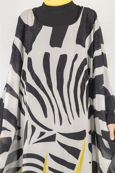 Taş Detaylı Büyük Beden Şifon Yarasa Elbise Sarı OTW158