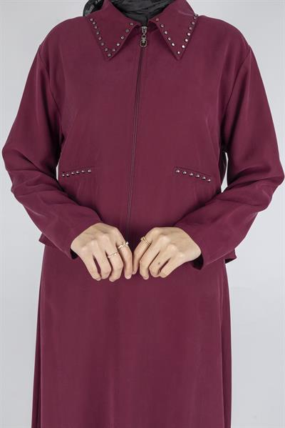 Taş Detaylı Fermuarlı Etekli Tesettür Takım Bordo OTW320