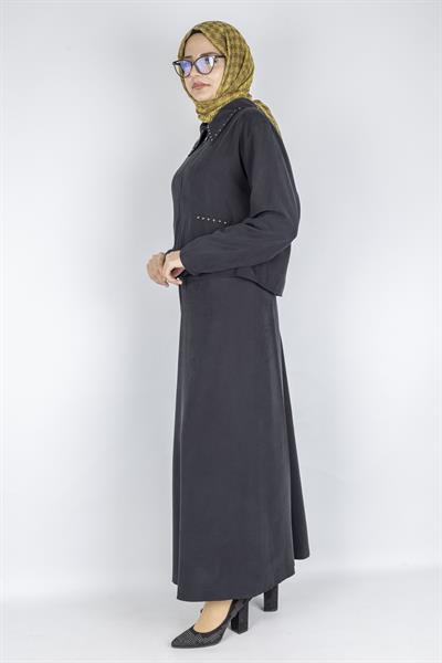Taş Detaylı Fermuarlı Etekli Tesettür Takım Siyah OTW320