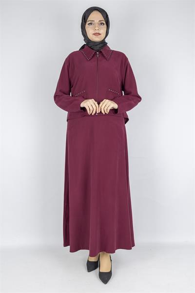 Taş Detaylı Fermuarlı Etekli Tesettür Takım Bordo OTW320
