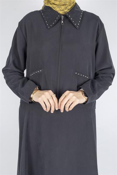 Taş Detaylı Fermuarlı Etekli Tesettür Takım Siyah OTW320