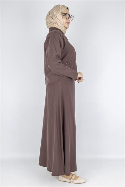 Taş Detaylı Fermuarlı Etekli Tesettür Takım Kahve OTW320