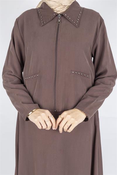 Taş Detaylı Fermuarlı Etekli Tesettür Takım Kahve OTW320
