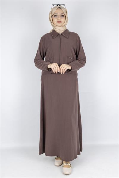 Taş Detaylı Fermuarlı Etekli Tesettür Takım Kahve OTW320
