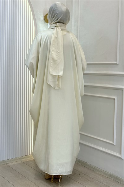 Taş Detaylı İç Elbiseli Tesettür Abaya Takım Ekru OTW9785
