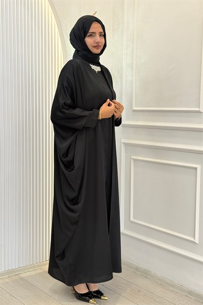 Taş Detaylı İç Elbiseli Tesettür Abaya Takım Siyah OTW9785