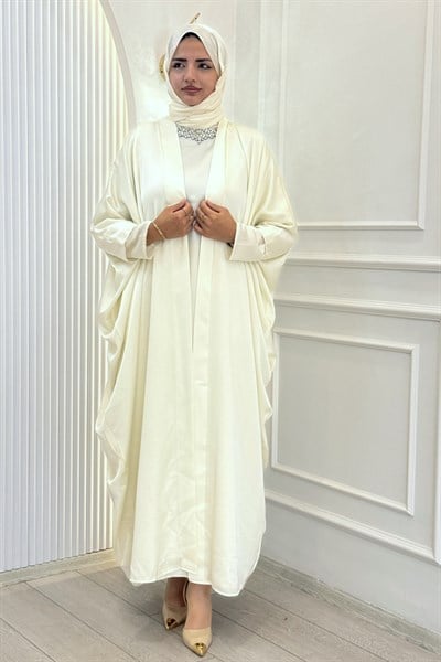 Taş Detaylı İç Elbiseli Tesettür Abaya Takım Ekru OTW9785