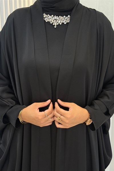 Taş Detaylı İç Elbiseli Tesettür Abaya Takım Siyah OTW9785