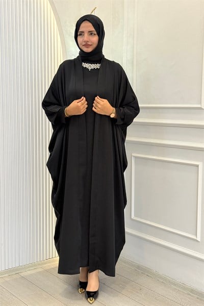 Taş Detaylı İç Elbiseli Tesettür Abaya Takım Siyah OTW9785