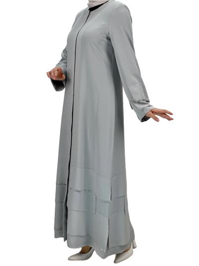 Taş Detaylı Krep Kumaş Ferace Gri OTW36223