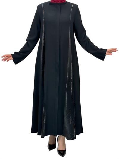 Taş Detaylı Krep Kumaş Ferace Siyah OTW36240