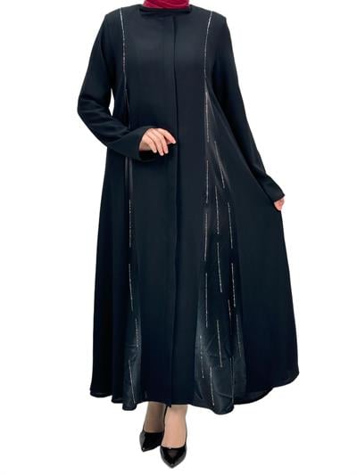 Taş Detaylı Krep Kumaş Ferace Siyah OTW36240